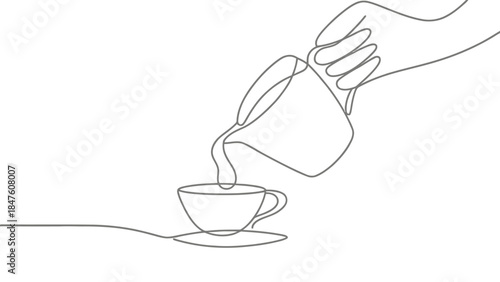 Minimalist continuous line art of a hand gently pouring liquid, representing hospitality, giving, and the fluid motion of generosity. | Editable EPS vectors.