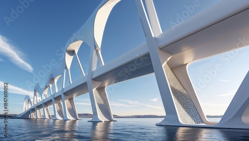 Modern Futuristic Bridge Spanning Over Water with Elegant Arches Under a Blue Sky