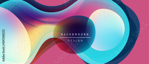 Abstract fluid shapes overlap, creating vibrant color gradients. Pink background complements blue, purple hues. Modern design element.