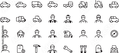 Transportation & Worker Line Icons – Vehicles, Delivery and Labor Set.