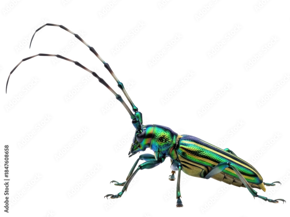 Fototapeta premium Isolated Musk beetle poses with its long antennae, Aromia moschata, a stunning insect species