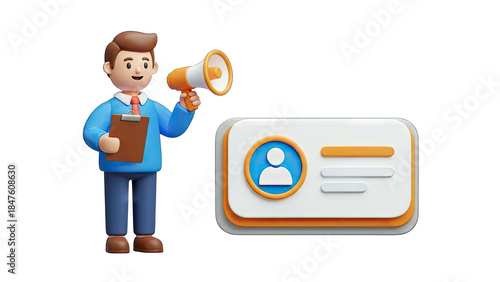 3D Cartoon Man Announcing with Megaphone Near ID Card