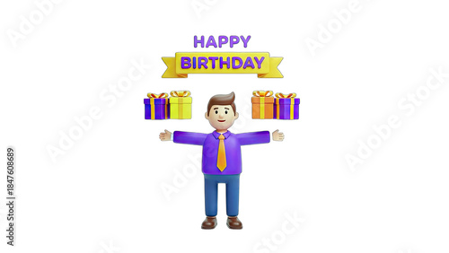3D Cartoon Man Celebrating Birthday with Gifts