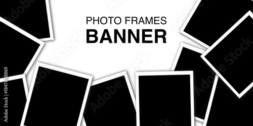 Scattered blank photo frames vector template. Instant camera photo frames banner. Vector Polaroid photos scattered on transparent background.