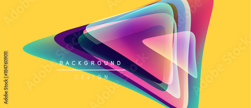 Abstract geometric shapes overlap, creating vibrant colorful design. Yellow backdrop enhances visual impact, modern aesthetic.