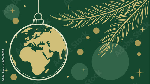 Gold and green Christmas ornament ball with world map pattern, luxury festive decoration, high-quality vector illustration.