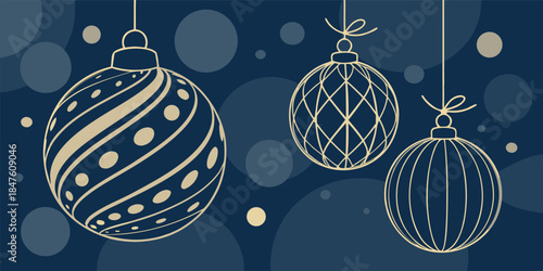 Elegant Christmas background featuring dark blue tones and decorative ornaments, selective focus style, premium festive vector design.