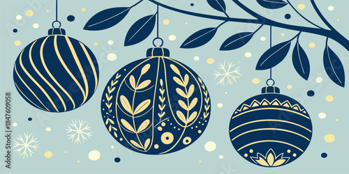 Christmas holiday vector background with rich dark blue color palette, elegant hanging ornaments, soft selective focus effect.