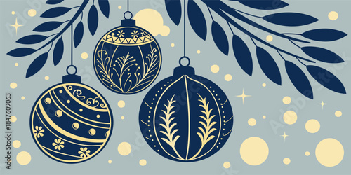 Dark blue Christmas holiday background with elegant blue ornaments, selective focus effect, festive luxury vector illustration.
