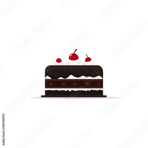 Black Forest Cake, modern 2D flat vector illustration in icon style, isolated on pure white background.