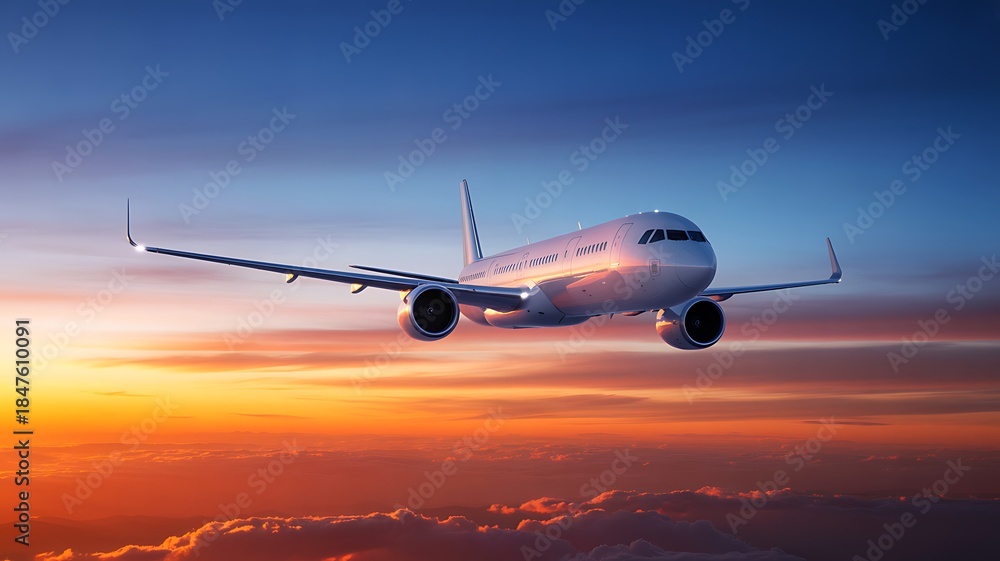 Obraz premium A commercial airplane soars through the colorful sky during a vibrant sunset