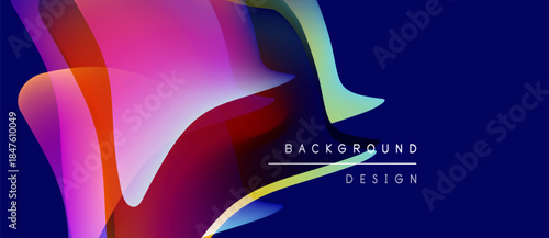Abstract colorful shapes overlap dark blue background. Text reads background design in white. Modern visual presentation.