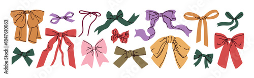 Holiday bows and ribbons set. Elegant knot tie decor for gifts or hair. Festive textile design elements, feminine coquette accessories. Hand-drawn vector illustrations isolated on white background