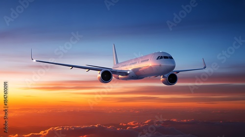A commercial airplane soars through the colorful sky during a vibrant sunset