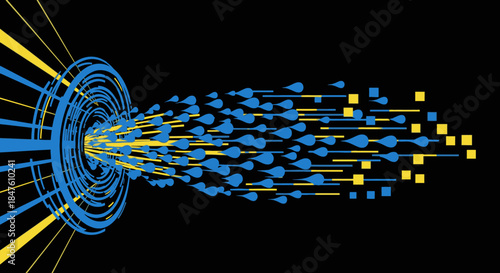 Abstract digital stream of blue and yellow data particles rapidly flowing from a central vortex, symbolizing technological connection and information.