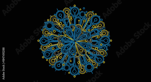 An intricate digital artwork showcasing a mesmerizing radial explosion of blue and yellow abstract shapes, creating a complex and dynamic visual pattern on black.