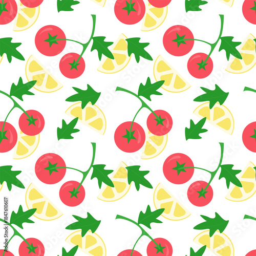 Vegetarian pattern with red tomatoes on branch and lemon slices on white background.