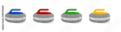 Curling stones set in different colors, blue, red, green, yellow. Vector illustration