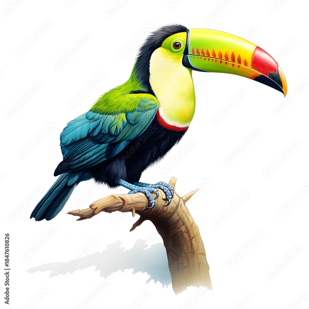 Naklejka premium Keel billed toucan perches on a branch in the neotropical jungle