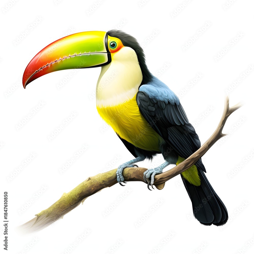 Naklejka premium Colorful keel-billed toucan perches on a branch against a white background