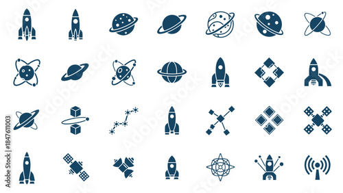 Minimalist space exploration and astronomy icon set for science projects