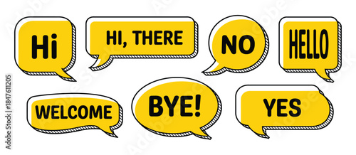Speech Bubble Icons Set Vector Illustration with Hello, Hi, Welcome, Yes, No, Bye, Text Stickers for Chat Message Communication and Dialogue Design