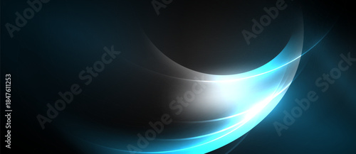 Abstract design features flowing curves, bright light, dark background. Smooth gradients create dynamic visual effect. Modern, elegant composition.