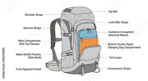 Detailed Diagram of Backpack with Labeled Parts.