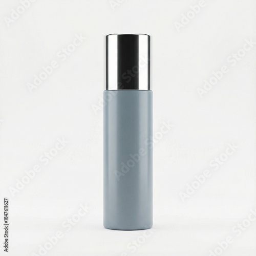 Sleek gray cosmetic bottle with silver cap on white background  