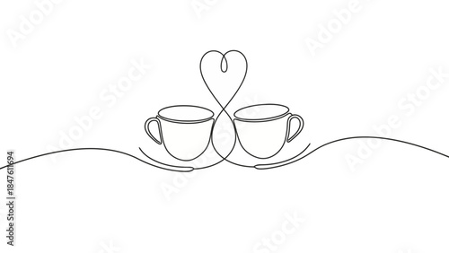 Chic single line illustration depicting two interacting coffee cups, symbolizing connection and shared experiences, perfect for branding concepts or lifestyle visuals. | Editable EPS vectors.