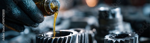 A hand holds a bottle and pours oil onto a gear in a machine shop. The setting is busy and focuses on maintenance for machines to work properly and efficiently