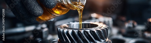 A hand holds a bottle and pours oil onto a gear in a machine shop. The setting is busy and focuses on maintenance for machines to work properly and efficiently