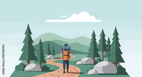 Hiker Walking on a Forest Path.
