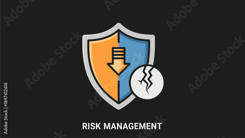 Shield icon representing risk management with a downward arrow and cracked circle indicating potential danger