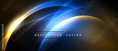 Abstract design features glowing curves, blue, gold hues. Dark background emphasizes bright lines, creating dynamic visual effect.