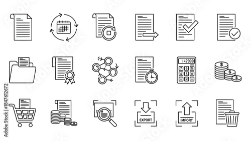 Comprehensive Line Icons Set for Business Operations, Document Management, Data Processing, and Financial Planning Solutions, Enhancing Digital Workflows and Organizational Efficiency