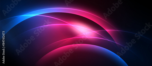 Abstract design features vibrant curves, glowing lines. Pink, blue hues dominate dark background. Dynamic composition creates energy.