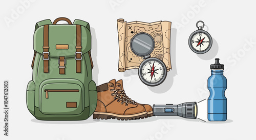 Hiking Backpack Boots Map Compass Water Bottle.