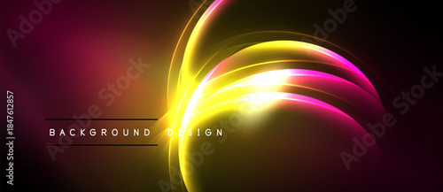 Abstract design features vibrant curves, glowing light effects. Dark background contrasts bright yellow, magenta hues. Modern, dynamic composition.