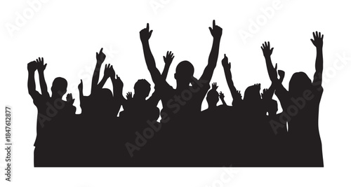 An enthusiastic crowd of people cheers with hands raised in unison at an event