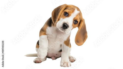 Isolated beagle puppy tilting head, curious expression, close up, playful attitude, cute dog