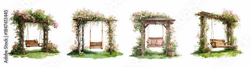 Watercolor garden swing with wooden pergola covered with pink flowers and green leaves. Romantic and outdoor seating for spring and summer on isolated background. Elements for wedding designs.