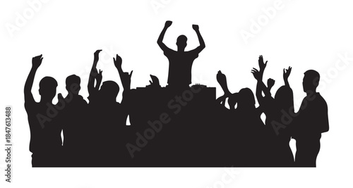 A lively crowd of people with hands raised celebrates around a DJ at a music event
