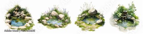 Watercolor set of small ponds. Garden artificial lake with grass, flowers and stones. Landscape decor for garden, yard, park, etc. Artificial mini lake. Vector illustration.