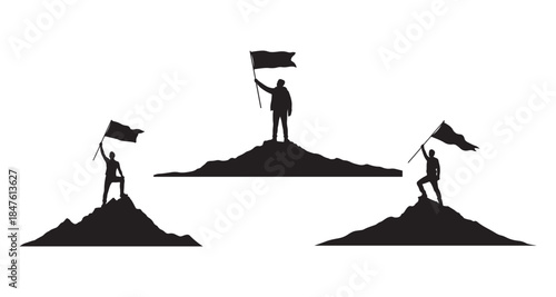 Three people stand triumphantly on separate mountain peaks holding flags on a white field