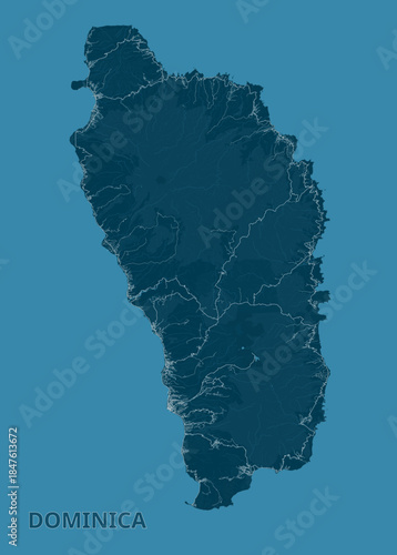 Map of Dominica in shades of blue. The landmass is a darker blue, while the surrounding water is a lighter shade. Fine white lines trace the rivers and coastlines, adding intricate detail to the map.