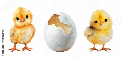 Watercolor set of baby chicks with broken eggshell. Cute spring and elk elements. Chicks hatched from an egg. Vector illustration.