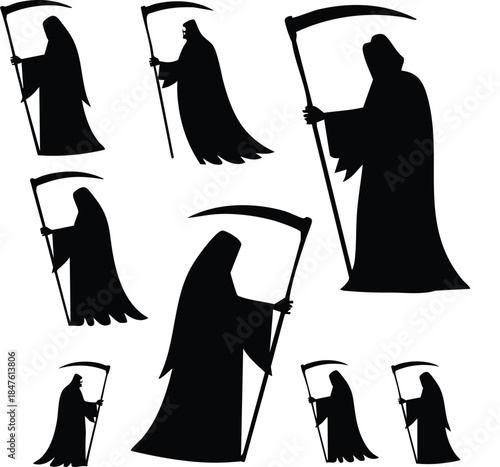 Grim Reaper Silhouettes Set, silhouette, illustration, vector