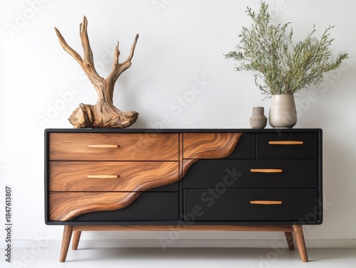 Stylish wooden dresser with unique design and natural decor accents in modern interior setting