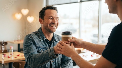 Man smiling while receiving coffee from barista in cozy cafe  